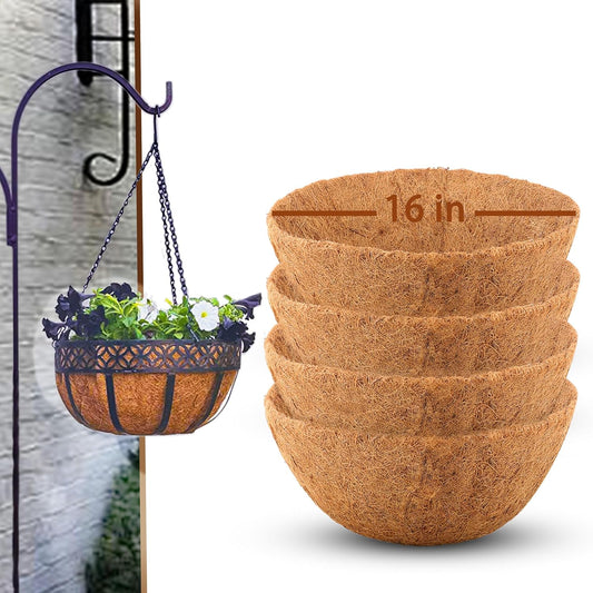 4 Pcs of 16-Inch Hanging Basket Coco Liners Replacement - Natural Round Coconut Fiber Planter Basket Liners for Hanging Basket Flowers