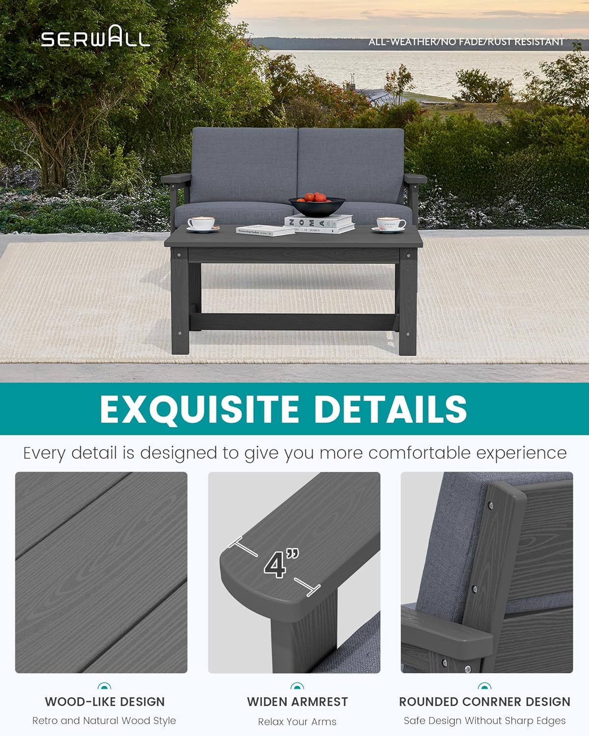 SERWALL Outdoor Loveseat, Grey Frame and Grey Cushion