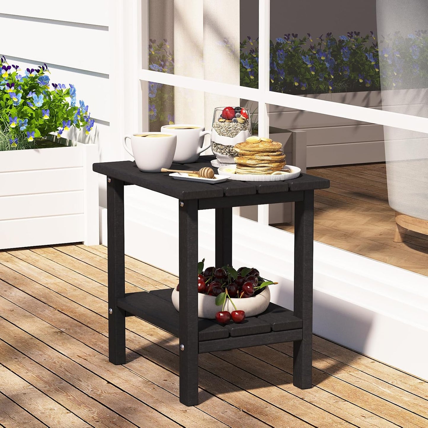 Double Adirondack Outdoor Side Table, Weather-Resistant Patio End Table for Backyard, Pool & Porch, Durable & Stylish Patio Side Table, Black