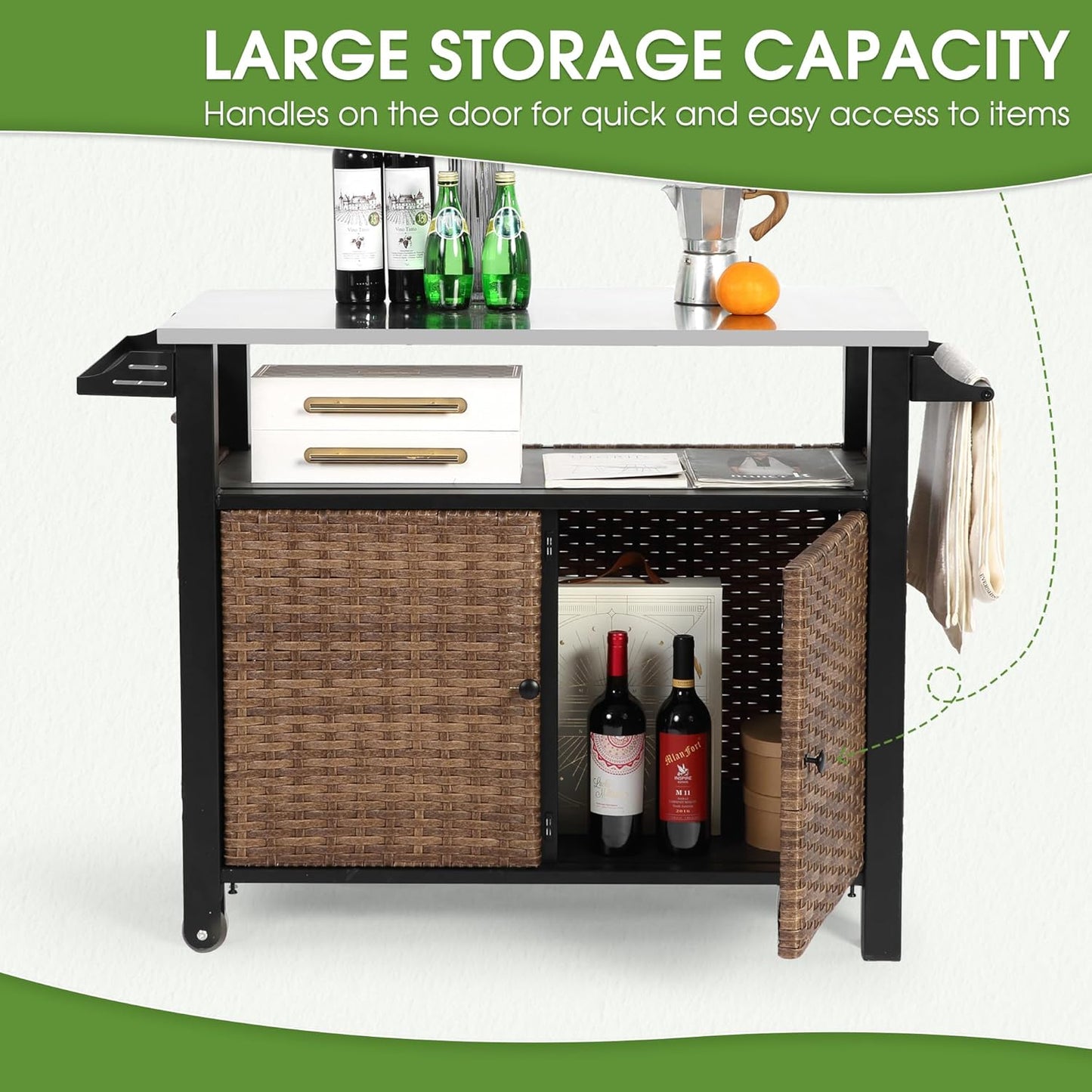 HOMEFUN Kitchen Island Cart Wicker Grill Prep Station & Stainless Steel Outdoor Serving Bar Table with Hooks Wheels Poolside Patio Grassland (Large)