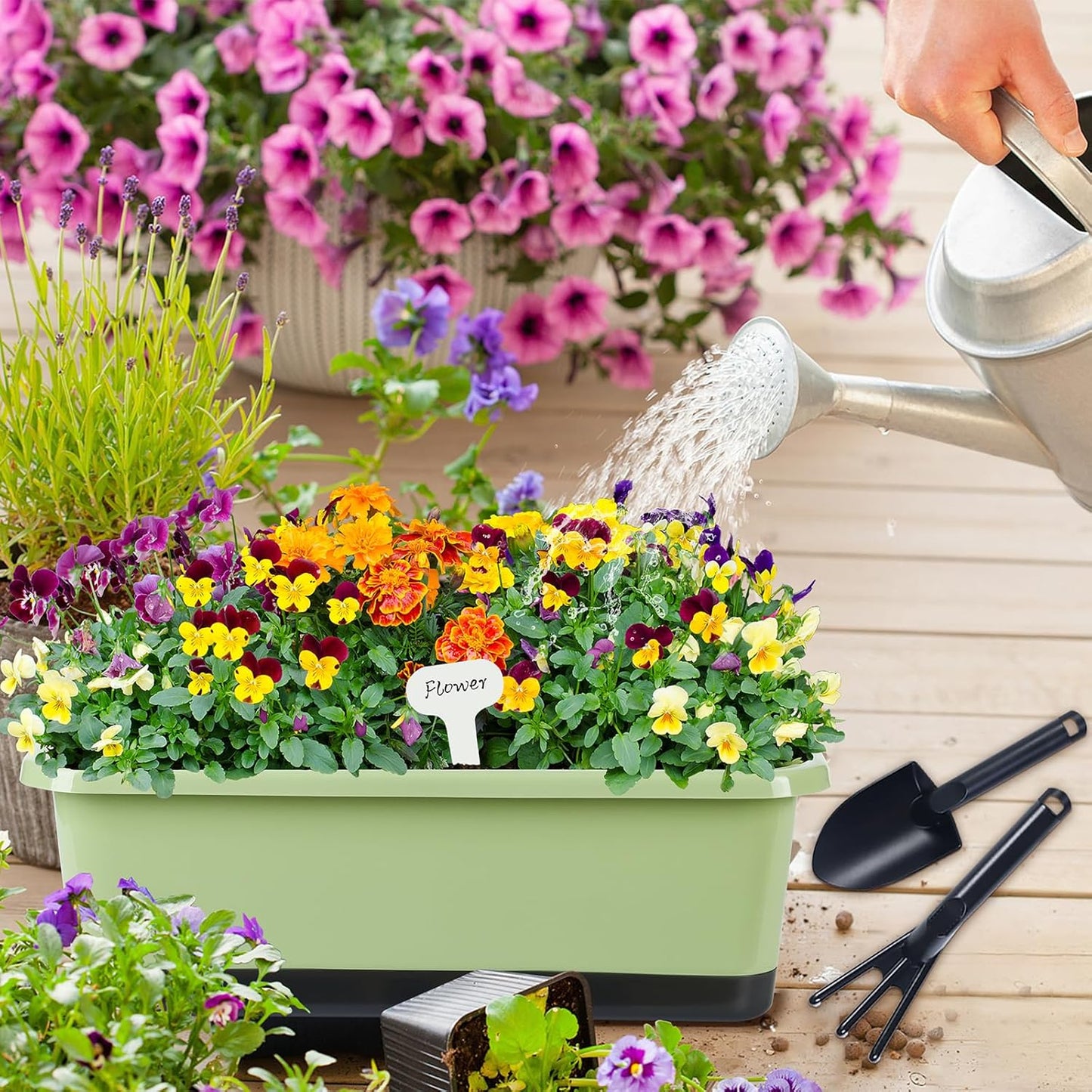 Window Box Planter 6 Pcs, 17 Inches Rectangle Flower Pots with Drainage Holes and Trays, Vegetable Planters for Windowsill Patio Garden Balcony Home Indoor Outdoor (Light Green, 18*10*6 inch)