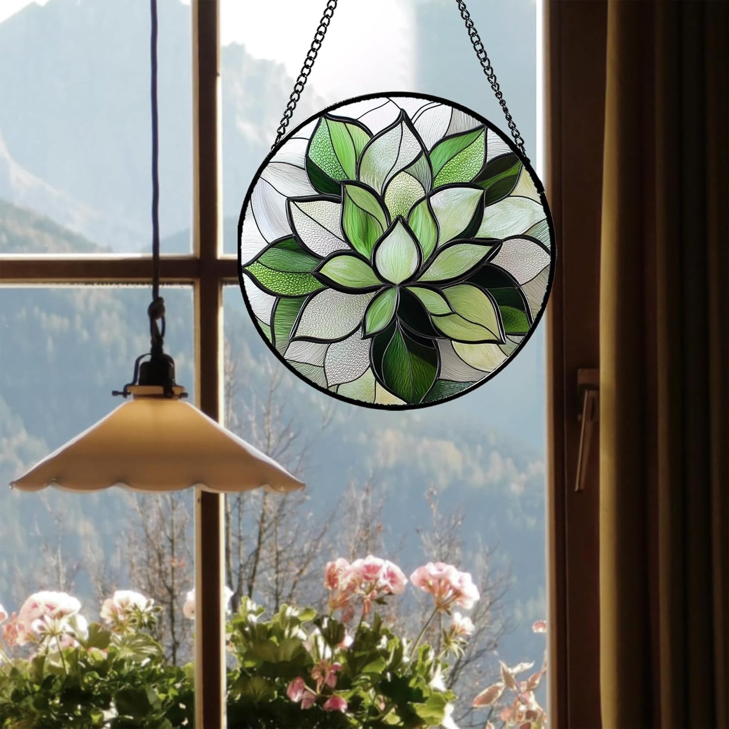 Stained Glass Window Hanging - Green Succulent Plants Suncatcher for Doors Garden Patio Floral Sun Catchers Decor Christmas Mother's Day Birthday Gifts for Women Men Mom Nana Friend 7.8 in