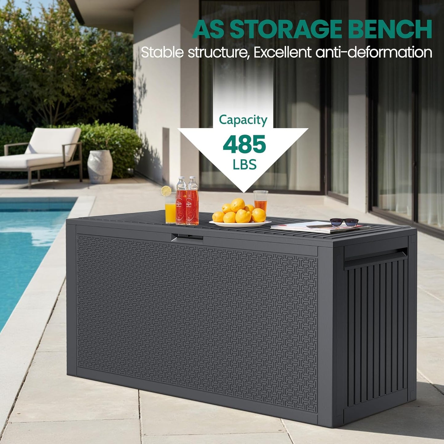 90 Gallon Outdoor Deck Box, Waterproof Outdoor Deck Box, Durable Resin Bin for Patio Cushions, Garden Tools and Pool Accessories, Lockable with UV Protection, Dark Gray, Patio Furniture (90 Gal Gray)