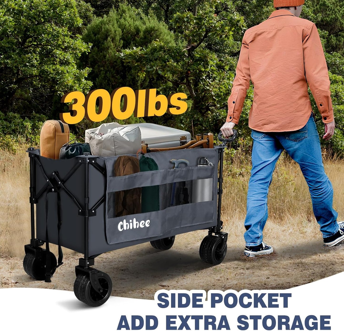 Chihee Garden Cart Collapsible Outdoor Utility Wagon Cart,Folding Beach Cart Oversized Capacity 254L,Heavy Duty Portable Wagon All Terrain Wheels Oversized Side Pocket 2 Drink Holders for Camping
