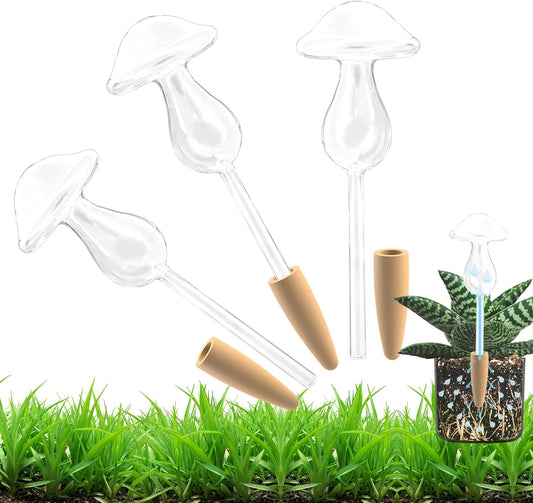 3 Pack Non-Clogging Mushroom Plant Watering Globes with Terracotta Spikes, Hand Blown Glass Self Watering Planter Insert Plant Watering Devices Bulbs for Indoor and Outdoor Plants
