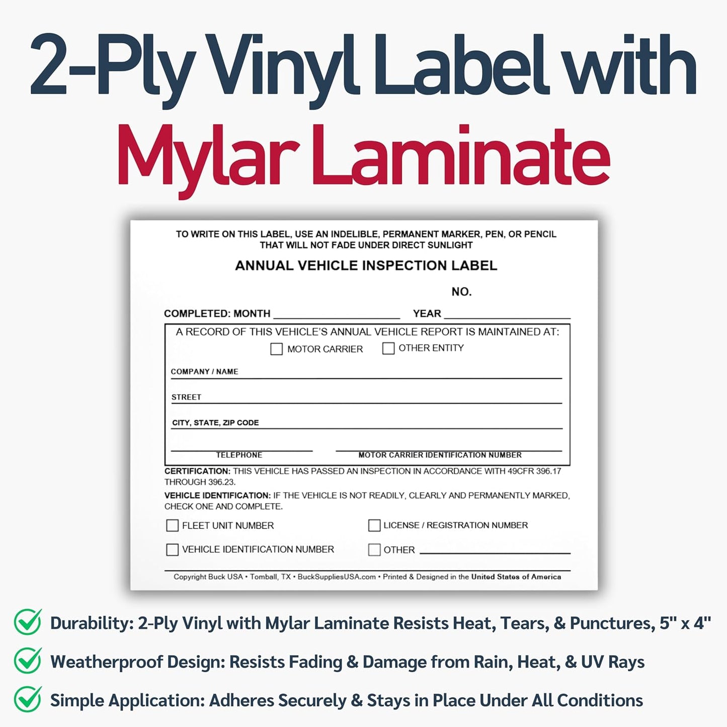 100 Pack 3-Ply Carbonless Annual Vehicle Inspection Report Forms with FMCSA 2-Ply Mylar Laminate Adhesive Vinyl Labels, DOT Inspection Forms and Stickers, Shrink-Wrapped, 8.5" x 11.75" - Made in USA