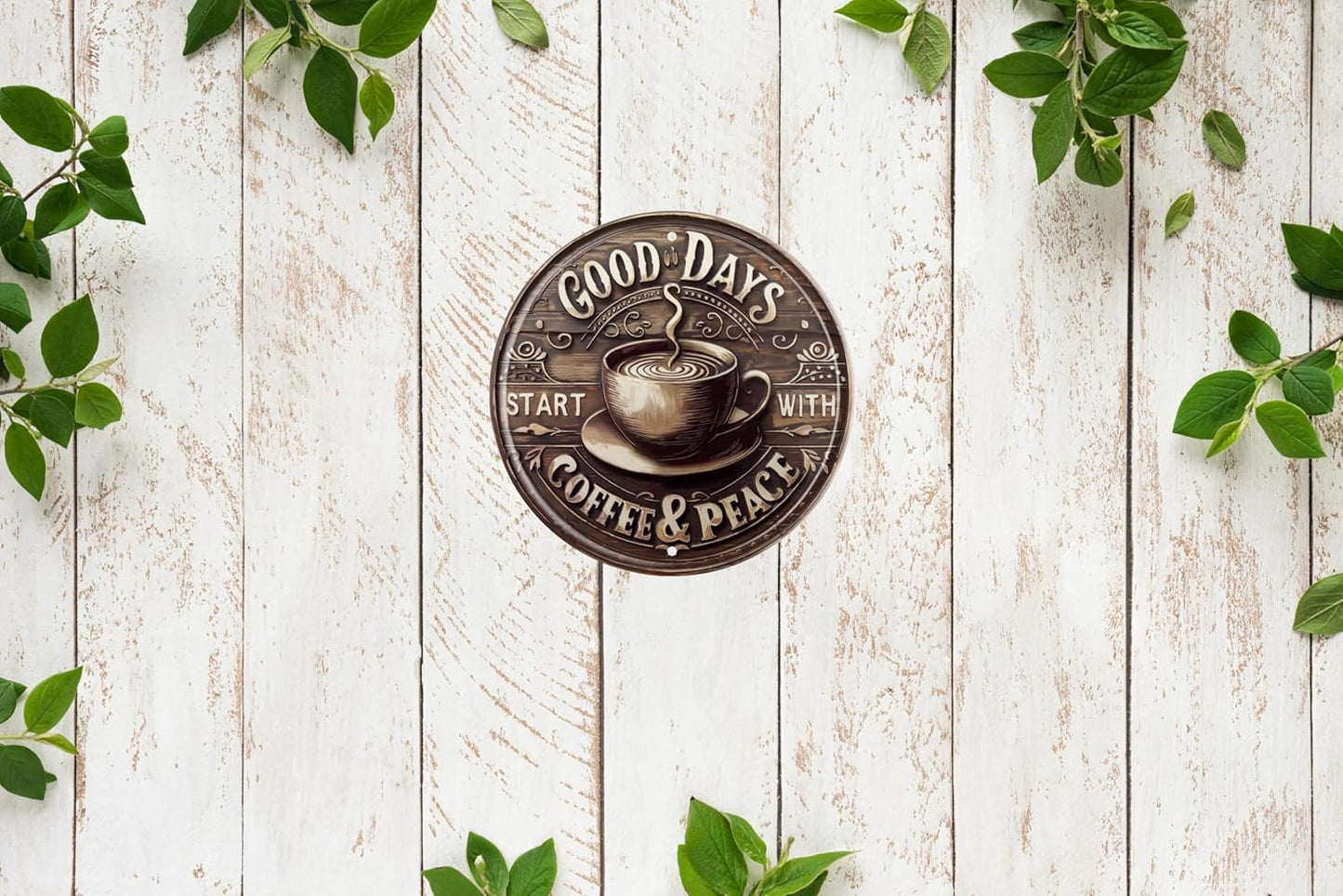 Vintage Coffee & Peace Round Wooden Sign for Kitchen Home Office Cafe or Outdoor Decor Rustic Wall Art 8x8 In