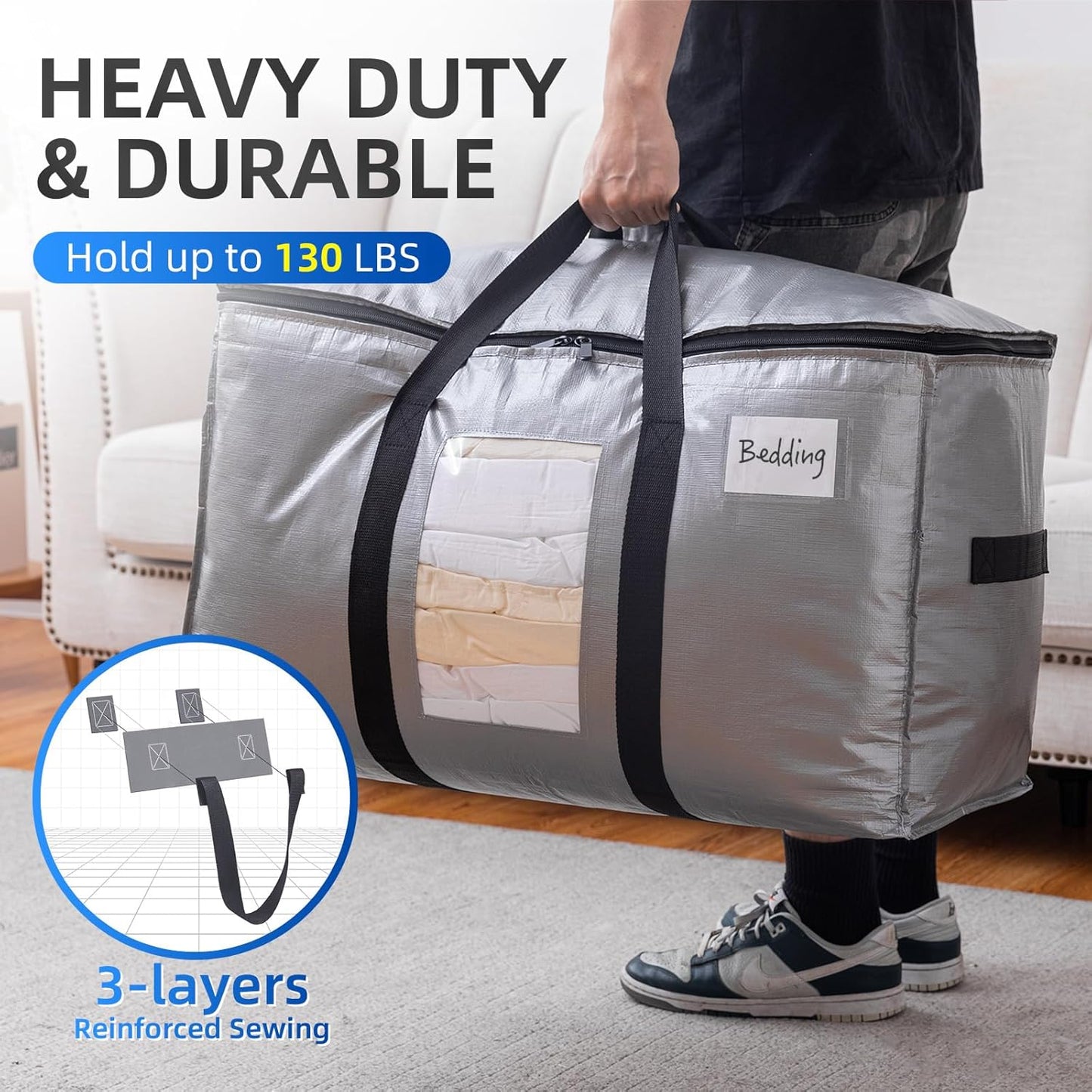 TAILI Extra Large Moving Bags, 2 Pack Silver Heavy Duty Totes For Storage with Visible Window, Wrap Around Handles, Storage Bags for Space Saving, Alternative to Moving Boxes