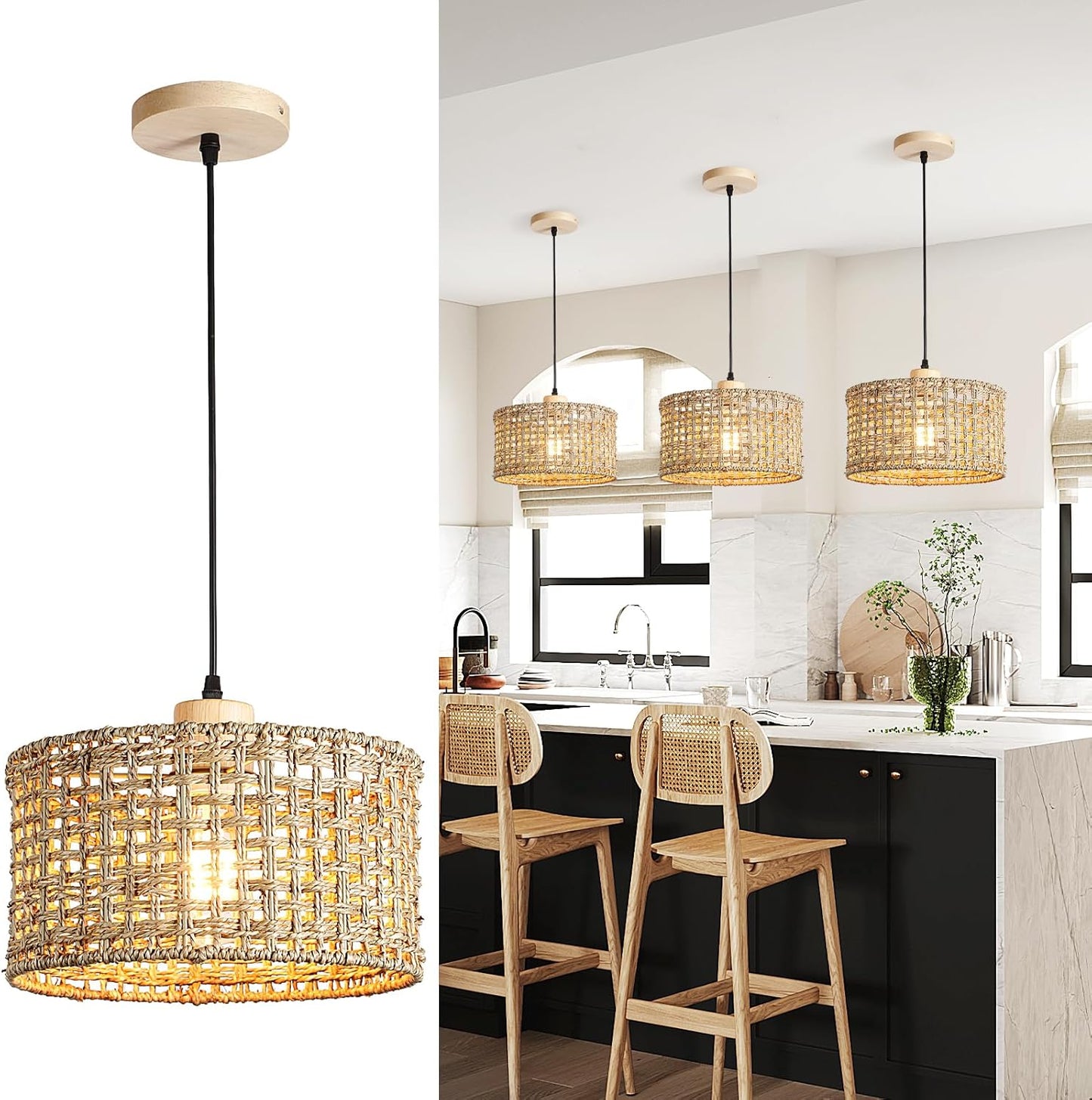 Hand-Woven Rattan Pendant Light, 11.8" Bohemian 1-Light Natural Wicker Hanging Lighting Fixture Ceiling Farmhouse Basket Hanging Lamp Chandelier for Kitchen Island, Living Dining Room