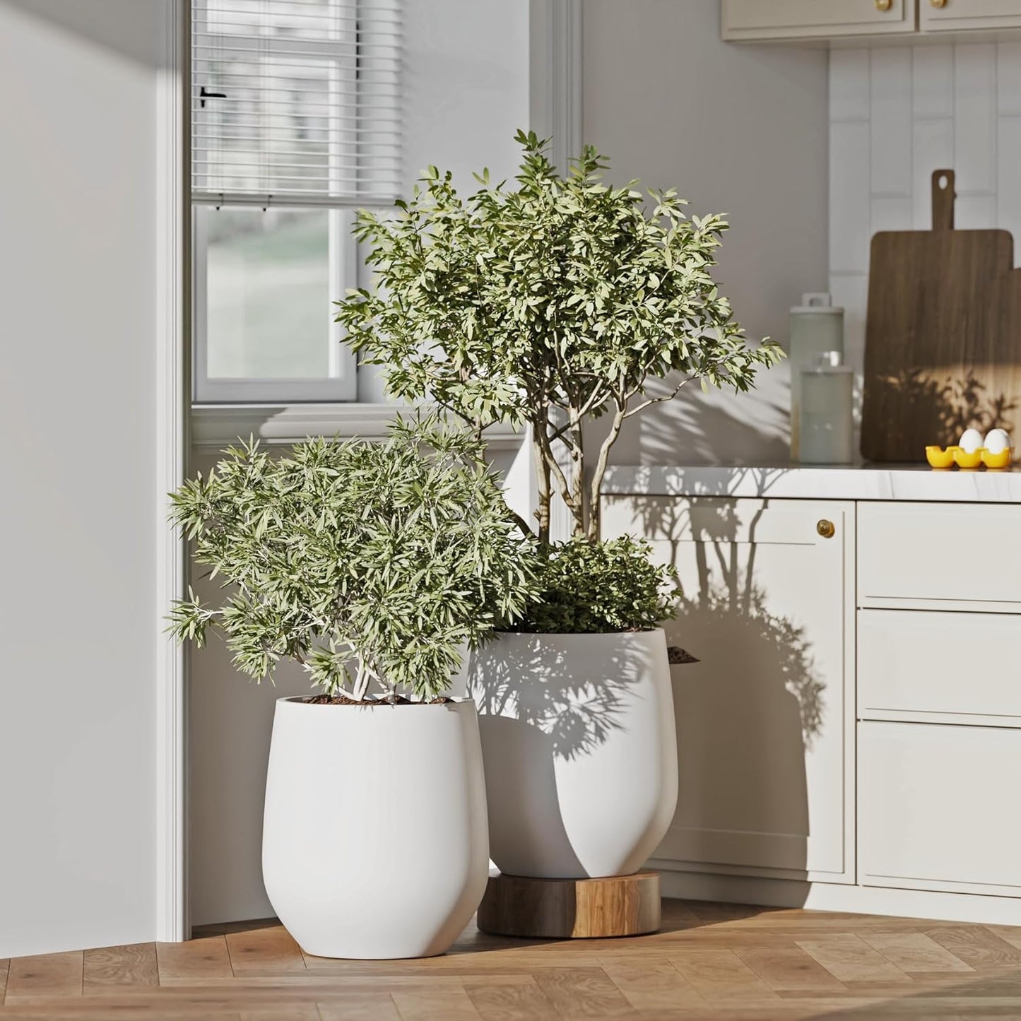 DTY Signature Mount Wilson Lightweight and Durable Modern Fiberstone Tapered Planter for Indoor Outdoor Drainage Hole & Rubber Plug Weather Resistant, 11.8" H x 11" Dia, 8" Opening - Small, White