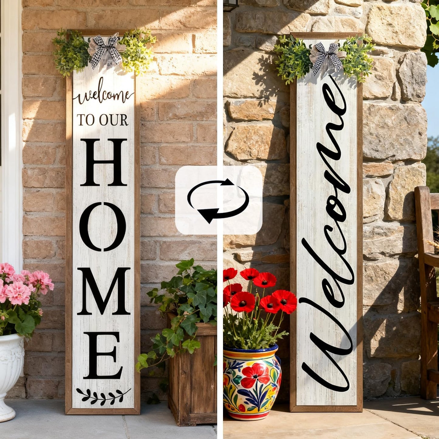 Double-sided Welcome to Our Home Wooden Sign Stand with Magnetic-adhesive Wreath for Front Door, 47" Vertical Farmhouse Welcome Porch Sign for Outdoor Patio Garden, 2in1 Large Tall Porch Leaner Decor