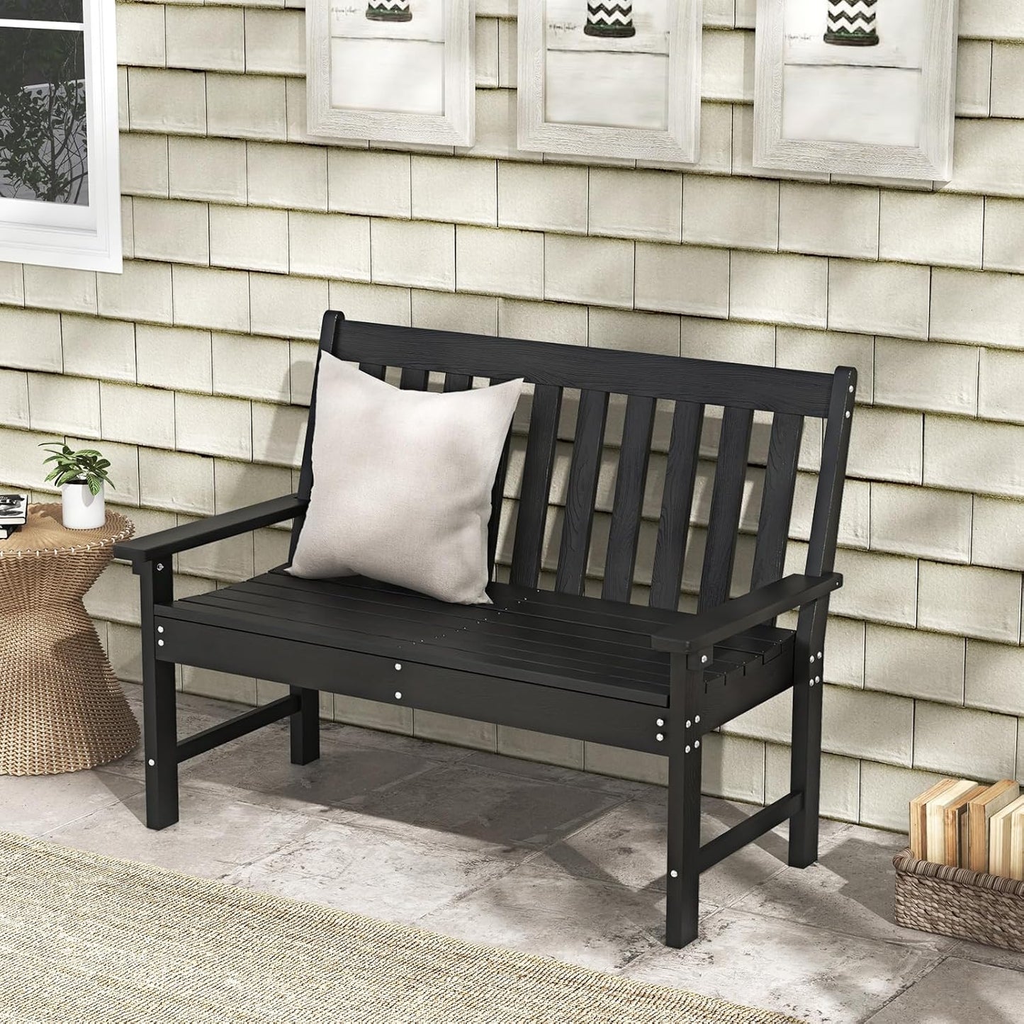 Giantex Outdoor Bench, 52-Inch Outside Bench All-Weather HDPE Park Bench with Backrest and Armrests, 705 lbs Weight Capacity, 2-Person Slatted Patio Bench for Porch, Yard, Lawn, Garden Bench (Black)