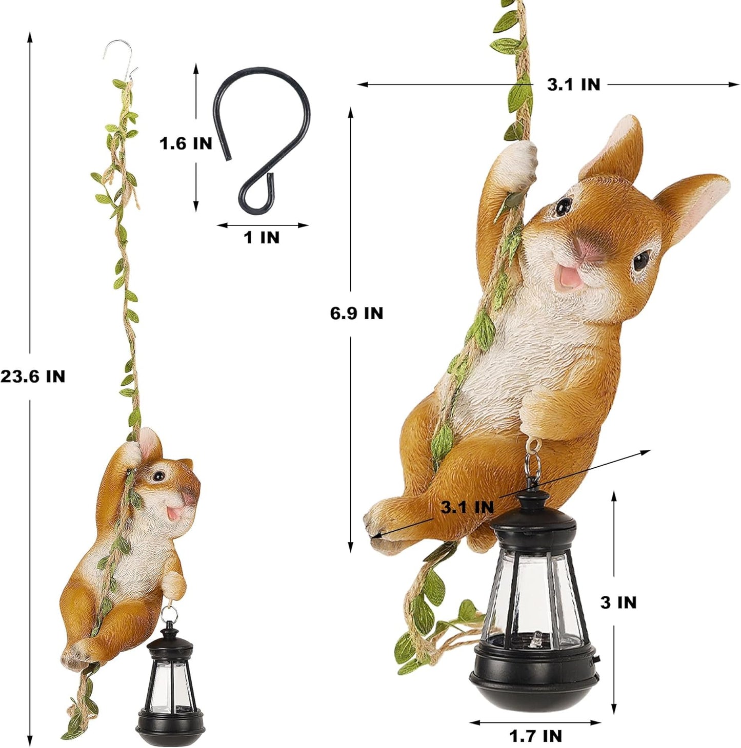 Joliyoou Solar Light Outdoor Statues, 6.9" H Resin Rabbit Climbing On A 23.6" L Vine with LED Lantern, Waterproof Hanging Bunny Figurine with Hook for Easter Yard Garden Wall Balcony Tree Decoration