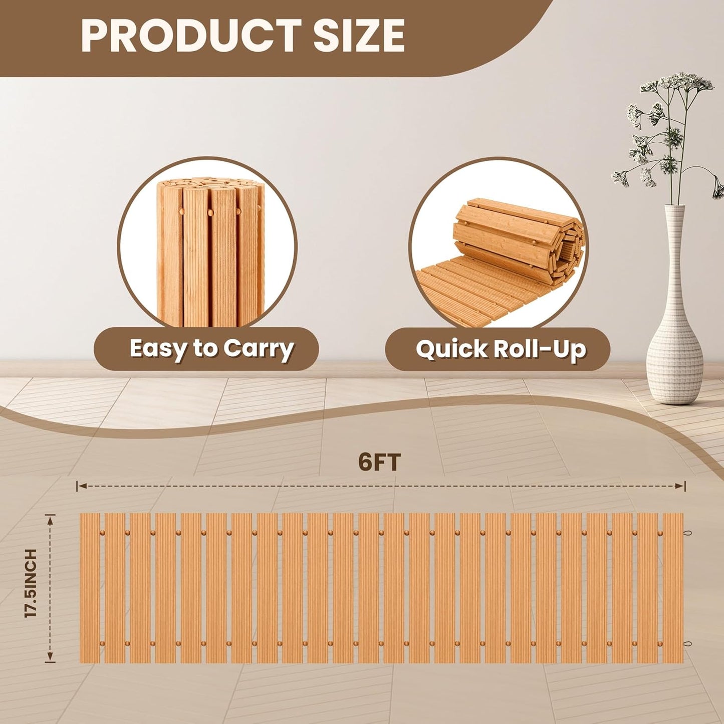 6FT Wooden Garden Pathway, Roll Out Walkway for Patio, Backyard and Outdoor Decor, Weatherproof, Non Slip and Easy to Install, Perfect for Beach, Wedding or Lawn (Natural)