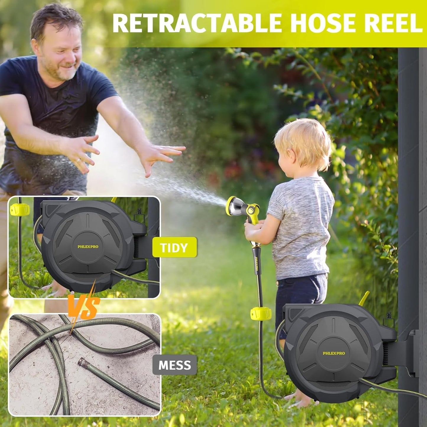 Retractable Garden Hose Reel 105FT, 1/2 inch Wall Mounted Hose Reel with Full Brass Fittings, 10 Patterns Spray Nozzle, Any Length Lock, 180° Automatic Rewind