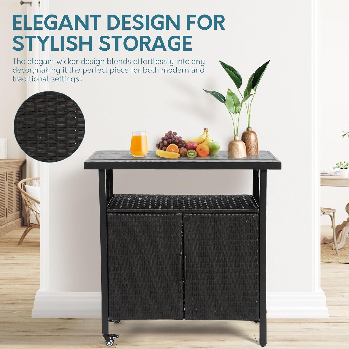Outdoor Indoor Storage Cabinet with Rolling Wheels, Patio Serving Cart with Bar Table and Wicker Cabinet, Kitchen Island Prep Table, Black