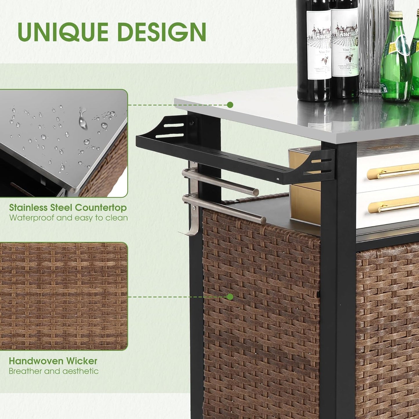 HOMEFUN Kitchen Island Cart Wicker Grill Prep Station & Stainless Steel Outdoor Serving Bar Table with Hooks Wheels Poolside Patio Grassland (Large)