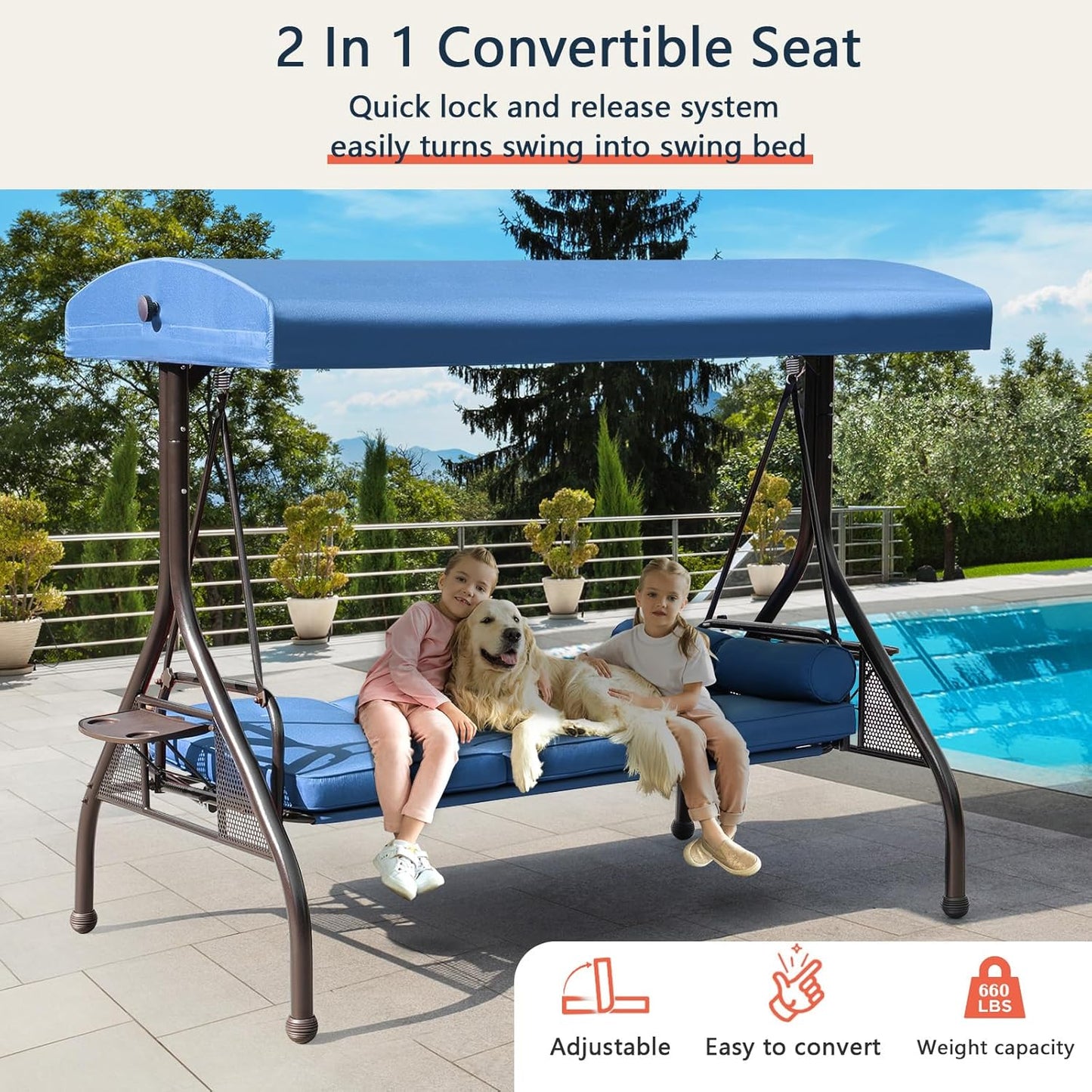 NOBLEMOOD Patio Porch Swing, 3-Seat Outdoor Swing with Adjustable Canopy, Waterproof Fabric Cushion, Pillow and Foldable Side Tray for Patio, Backyard, Porch Swing Bed for Spring
