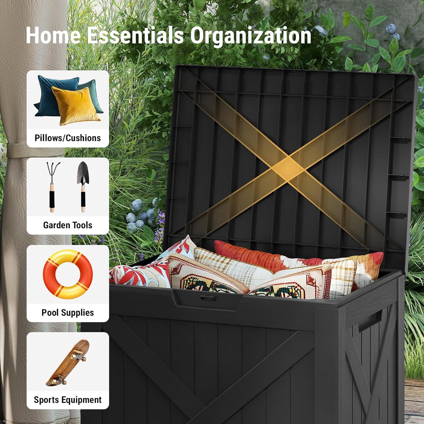 Mars Villa 31 Gallon Deck Box, Outdoor Storage Box Waterproof, Outside Resin Storage Bin for Outdoor Patio Furniture Cushions, Pool Supplies, Garden Tools, UV-Resistant and Weatherproof, Black Barn