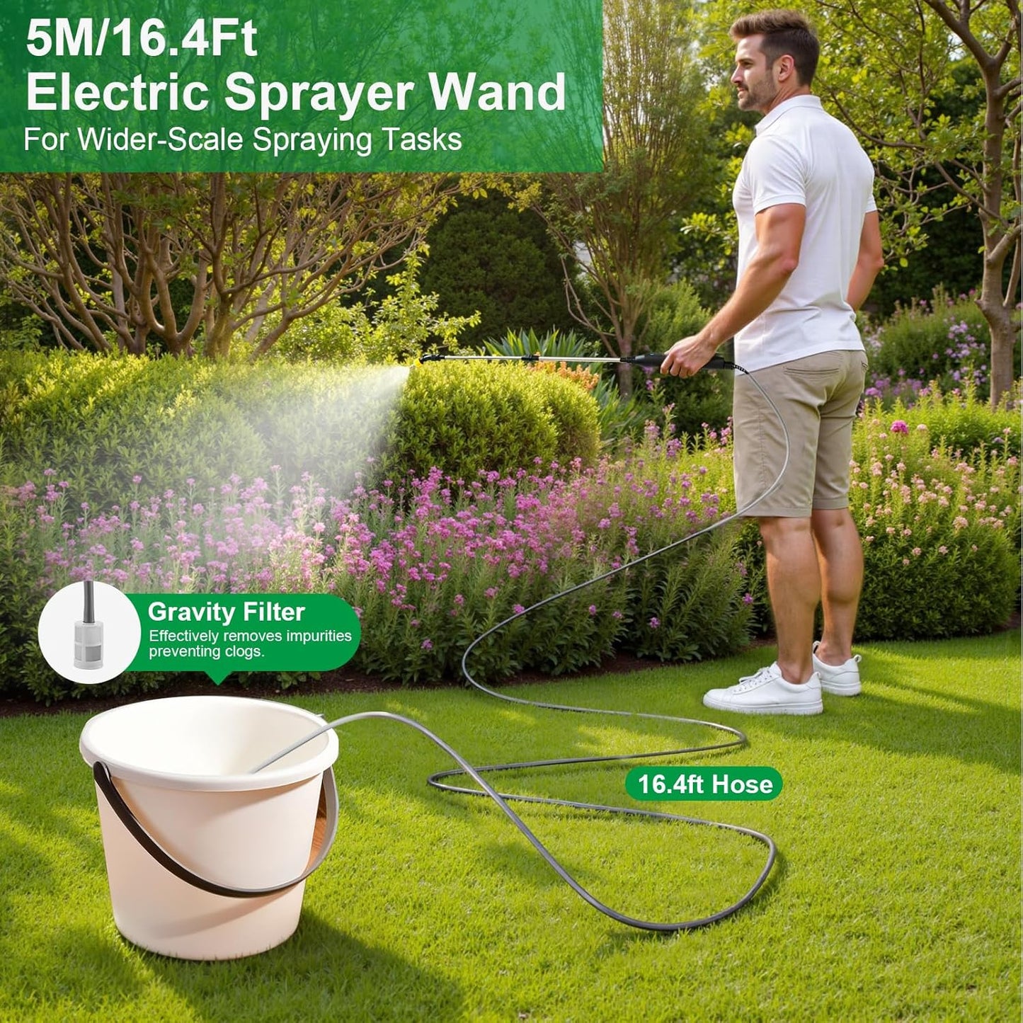 23.6" Battery Powered Sprayer Wand, 2025 Upgraded Electric Sprayer Telescopic Wand with 3 Spray Forces, Battery Indicator, 16.4FT Hose, 3 Mist Nozzles for Lawn and Garden