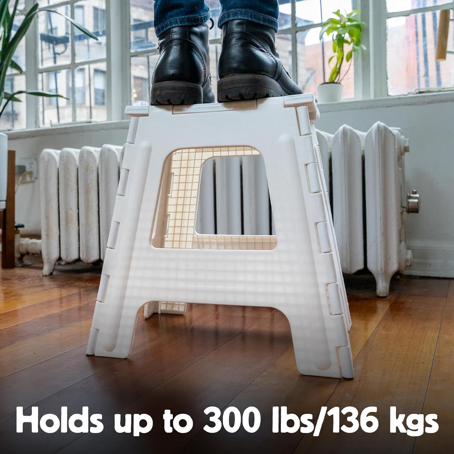 Kikkerland Rhino Foldable Step Stool – Holds Adults up to 300 Lbs, Best for Kitchen & Bathroom – Collapsible, Portable, Lightweight Stepping Stool with Sturdy, Non-Slip Design – White, 15”