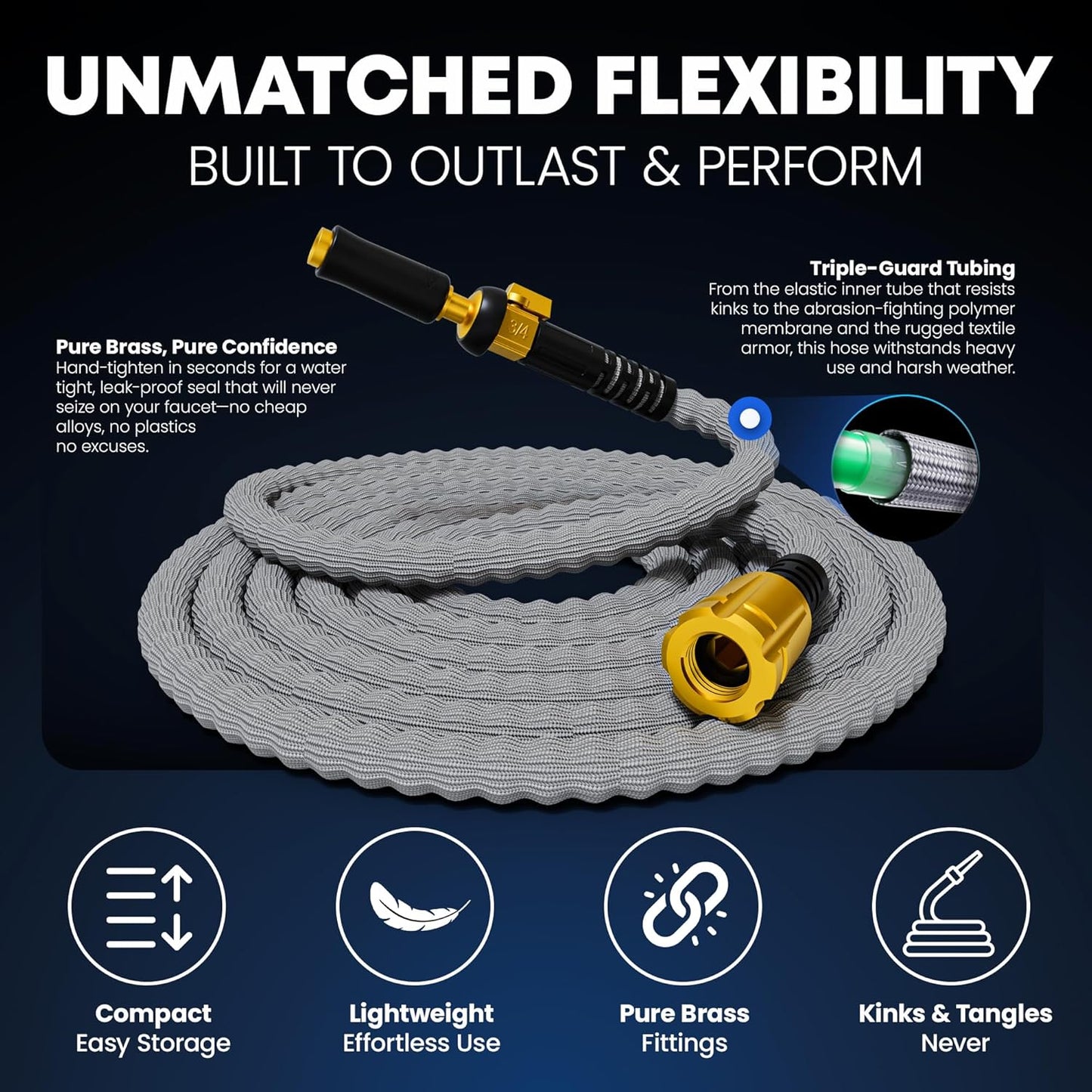 TITAN Flexible Garden Hose 10FT – Ultra Lightweight, Heavy Duty Water Hose with Brass Fittings & Jet Nozzle – Kink-Free, Non-Expanding, Durable Fabric Hose for Yard, Lawn, Car Wash, Outdoor Use