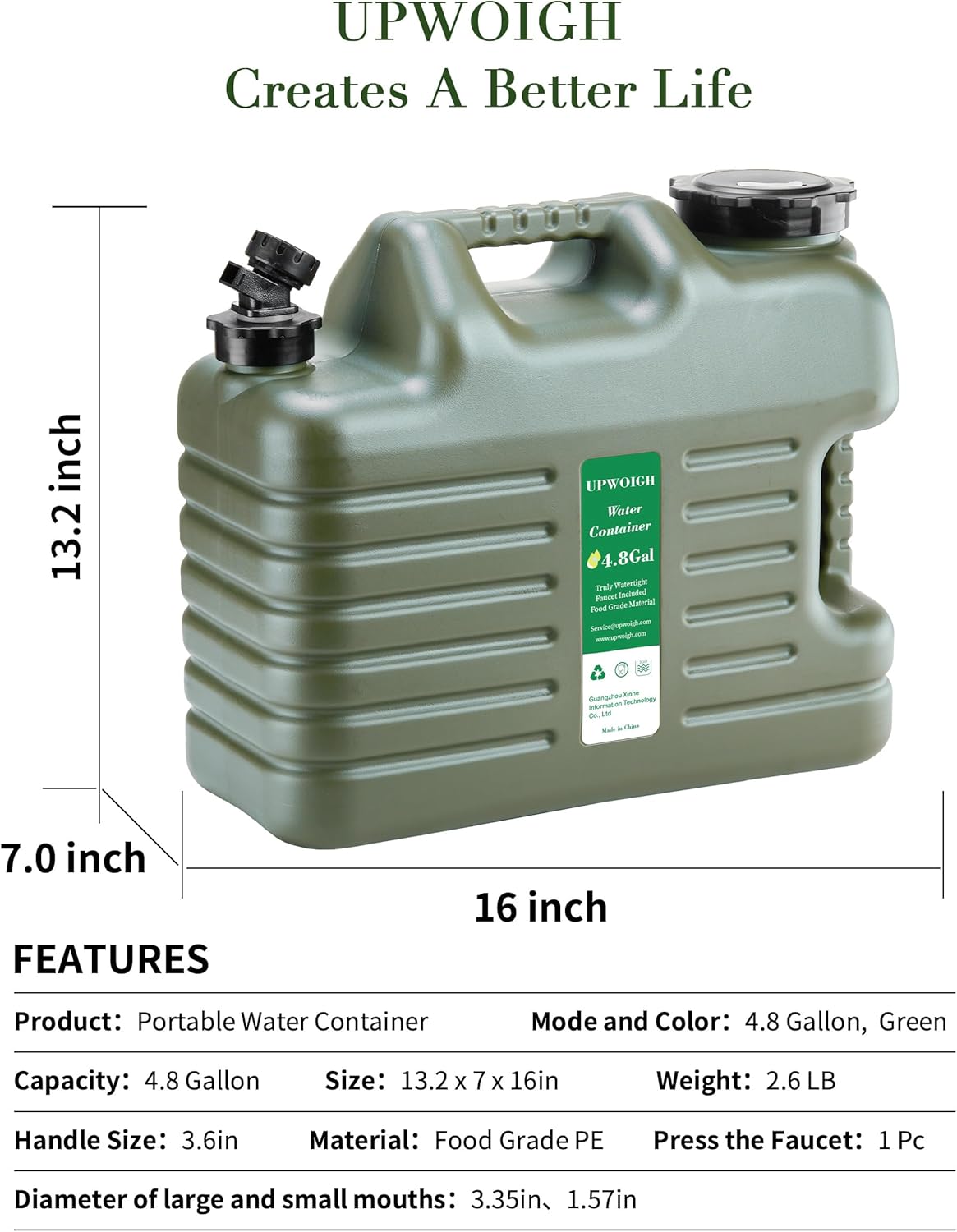 UPWOIGH 5 Gallon Water Jug, Thickened Water Storage Overlanding Gear Containers, Camping Essential Truly Leak-Proof Green Water Tank,BPA Free Portable Emergency Water Can for Outdoors Hiking RV