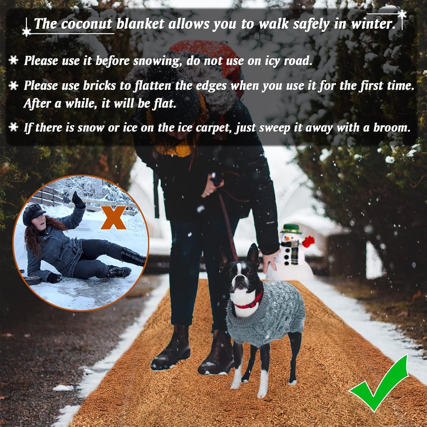 ZeeDix 3 Pack 16 x 80 x 0.28inches Thickened No-Slip Ice and Snow Carpet Mats- Natural Coconut Fiber Carpet for Garden, Front Door, Stairs, Porch Outdoor Safer Walking