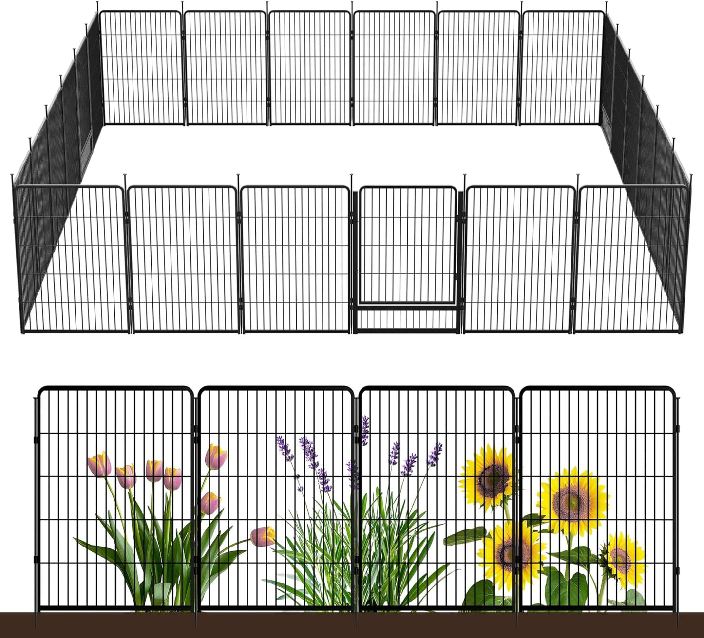 Decorative Garden Fence with Gate 40 in(H) x 53.5 ft(L) 24 Panels, Heavy Duty Metal Animal Barrier Fence for Yard, Flower Bed Fencing, Garden Border Fence, Easy Set Up, Black