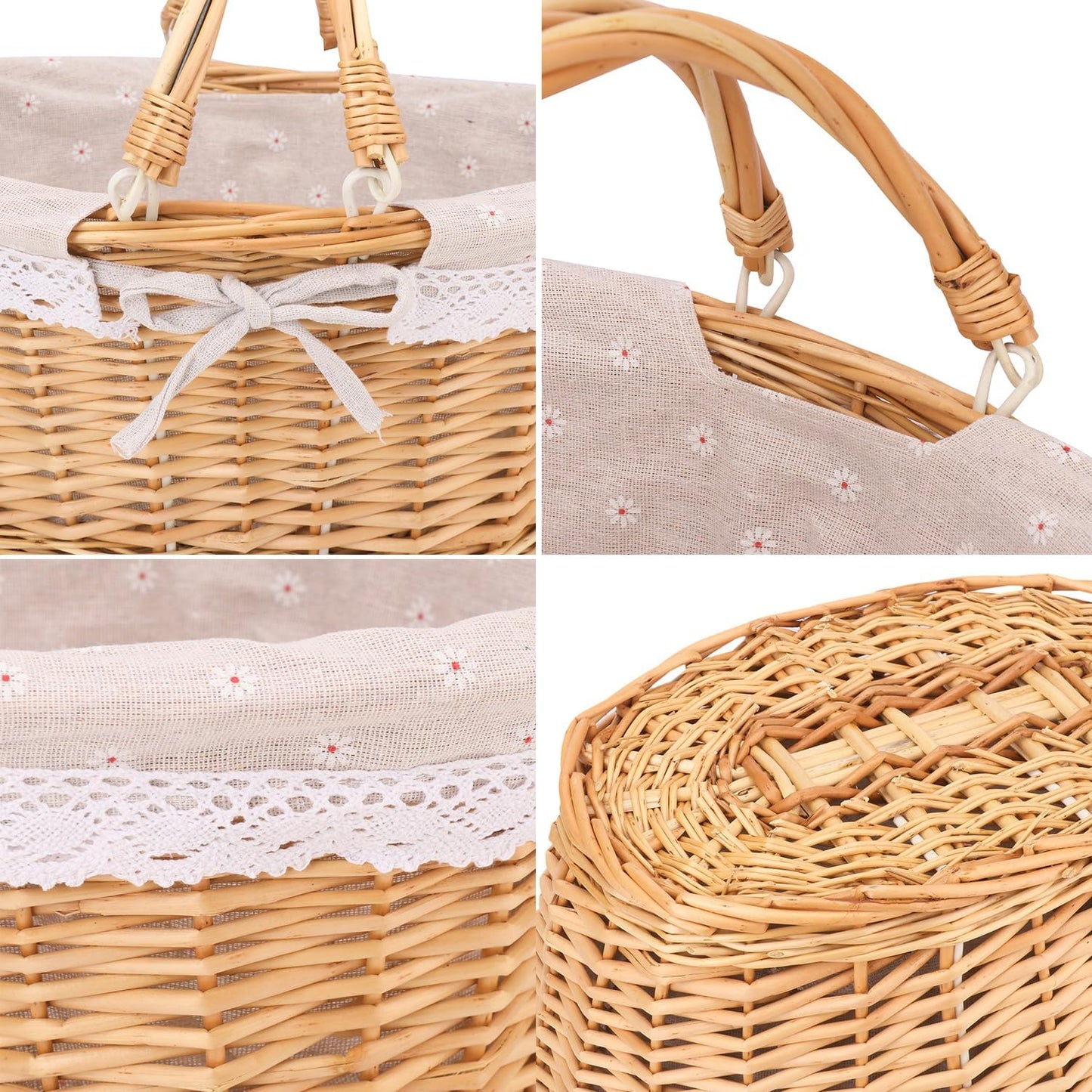 2 Pack Natural Wicker Basket with Linen Lining, 14 & 12 Inch Wicker Woven Picnic Basket with Handle for Picnic, Camping, Outdoor Party