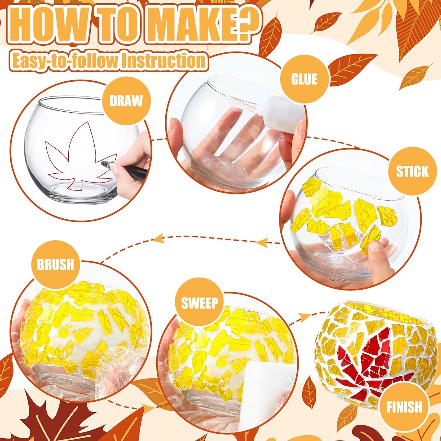 2 Set Glass Mosaic Candle Holder Kit Include Tea Light Holder, Glass Mosaic Tiles DIY Crafts Creativity Handmade Artwork for Adults Home Lighting Decor(Autumn Theme)