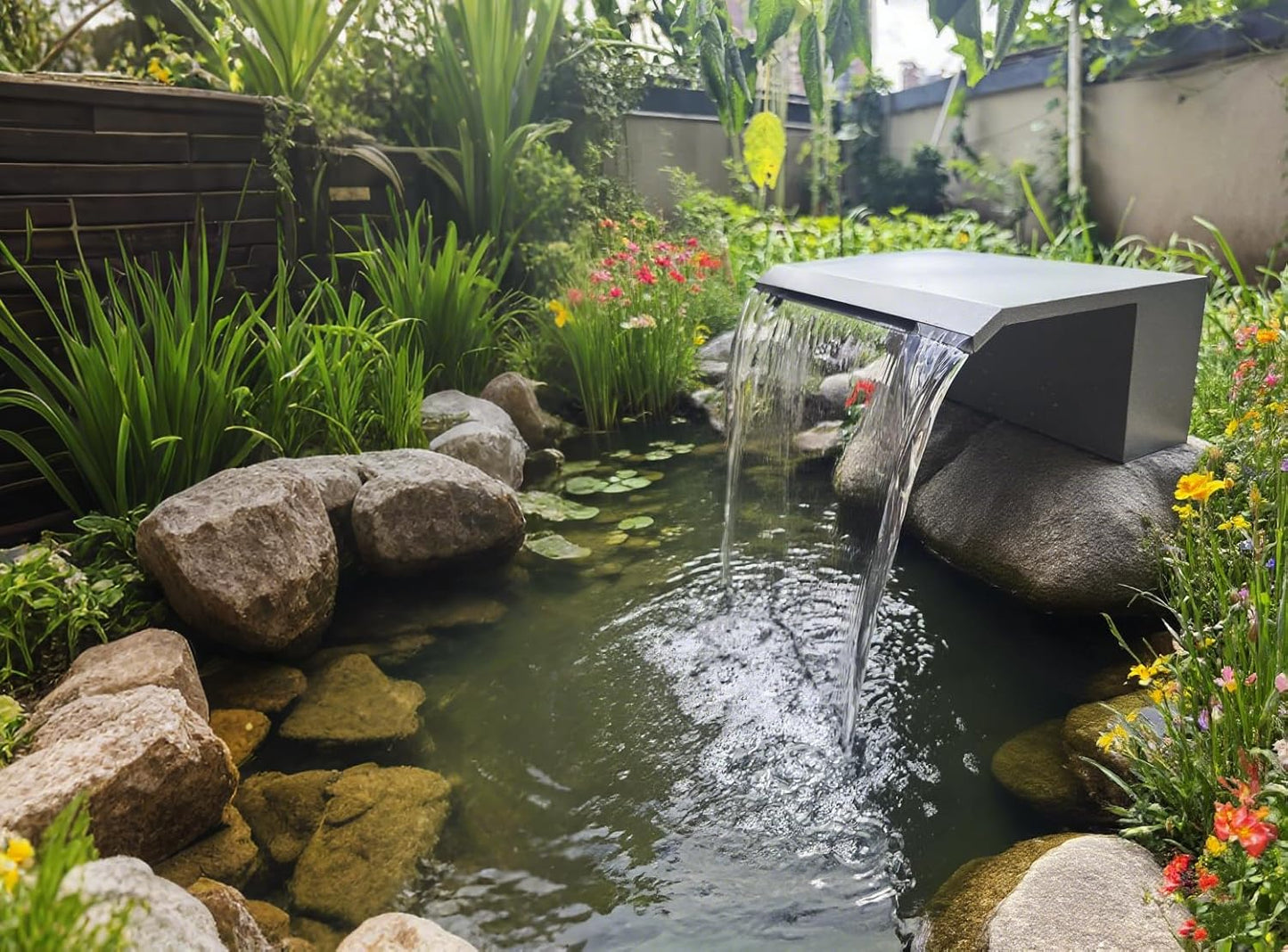 Stainless Steel Waterfall Spillway, APP Control Multi-Color LED Light Outdoor Pool Fountain, Water Spillway Koi Pond Waterfalls Fountains Kit for Garden Patio Swimming Pool Decoration-11.8"