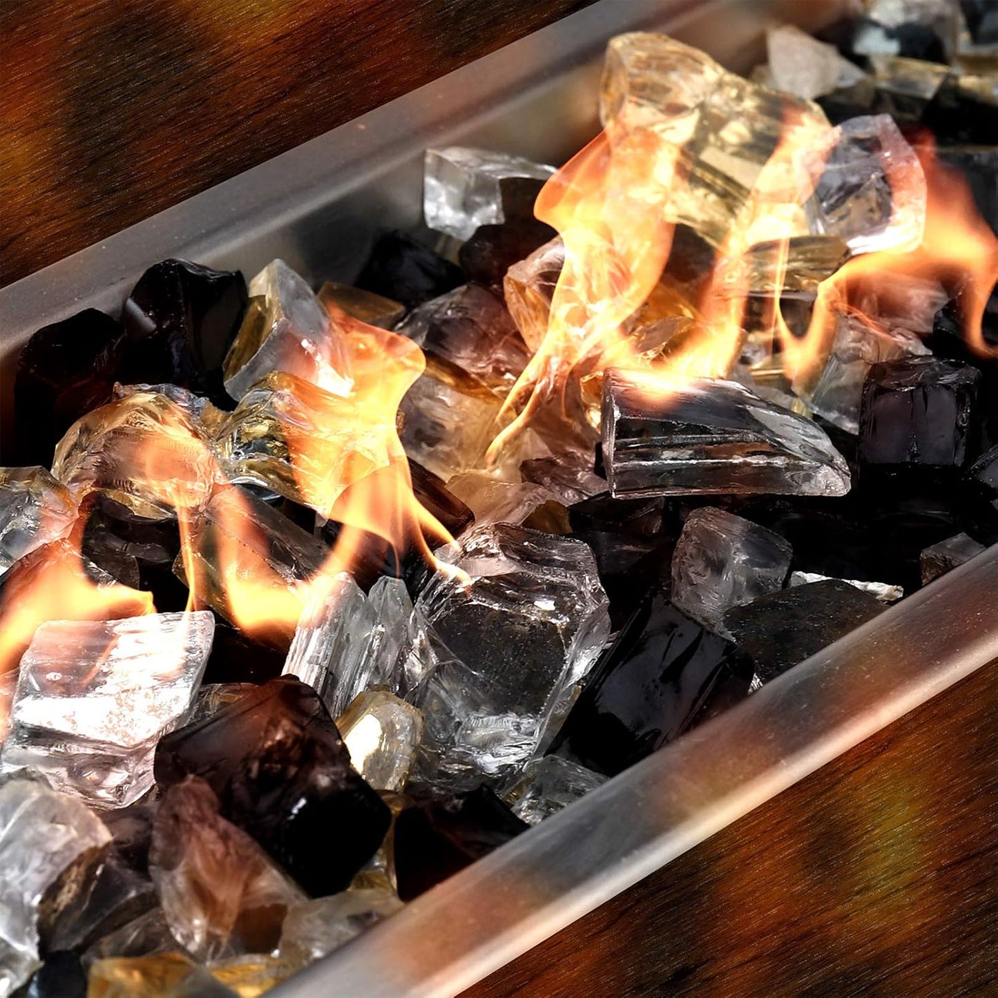 Mr. Fireglass 10 Pounds Blended Reflective Fire Glass for Fire Pit Fireplace and Landscaping, 1/2 Inch Mixed Colored High Luster Fireglass Rocks for Outdoor and Indoor Use Gold+Onyx Black+Platinum