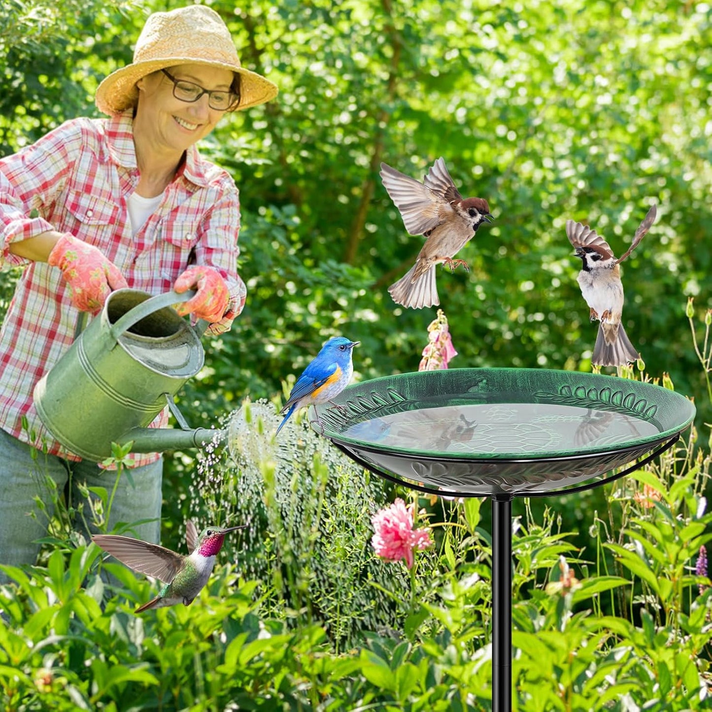 Metal Bird Bath for Outside, Detachable Birdbath & Birdfeeder with Base Stake, Vintage Bird Baths Feeder Bowl for Outdoors Garden Yard Lawn Decor (Vintage Green)