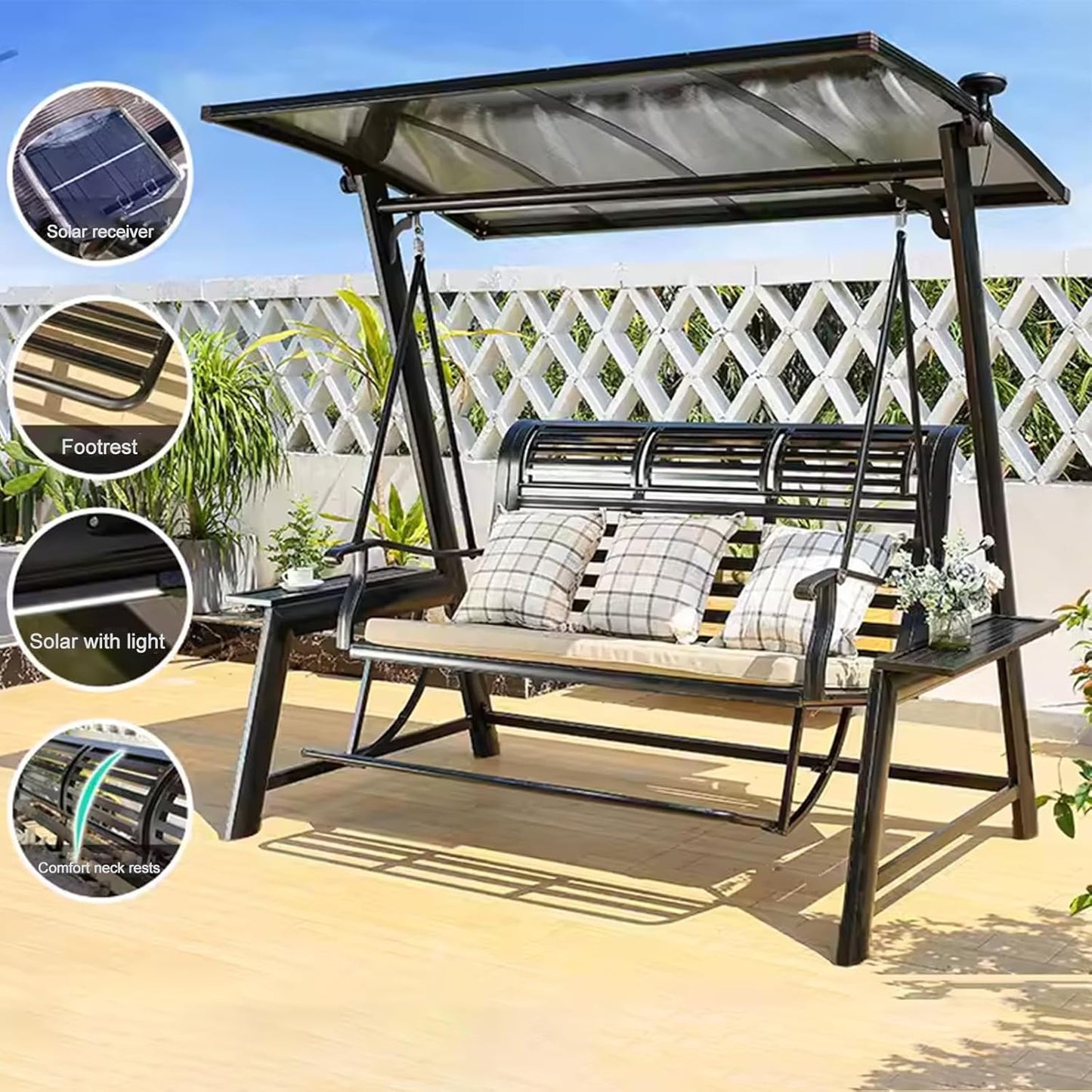 2/3-Seat Outdoor Patio Porch Swing with Adjustable Aluminum Alloy Canopy Solar Patio Swing Chair Bench with Footrest Side Cup Holder for Backyard Lawn (Heart of Ocean-3 Seat)