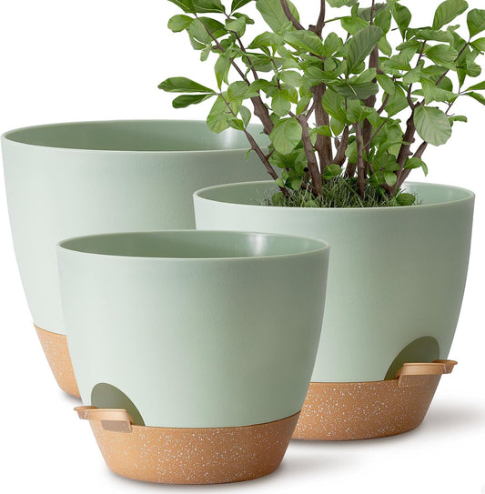Plant Pots 12/10/9 inch Set of 3, Self Watering Flower Pots Indoor Outdoor, Planters with Drainage Hole Saucer Reservoir, Green