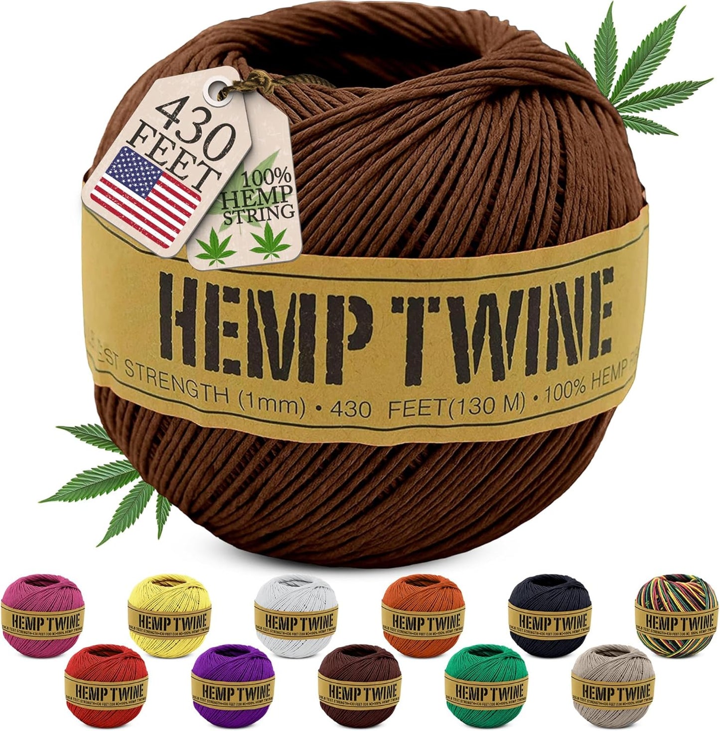 Hemp Twine for Gardening - Twine for Crafts - Organic Natural Hemp String for Jewelry Making - Strong Durable Cord for Decoration, Macrame + Cooking - 1MM, 100G/430 Ft. - 20 lb. Test Strength - Brown
