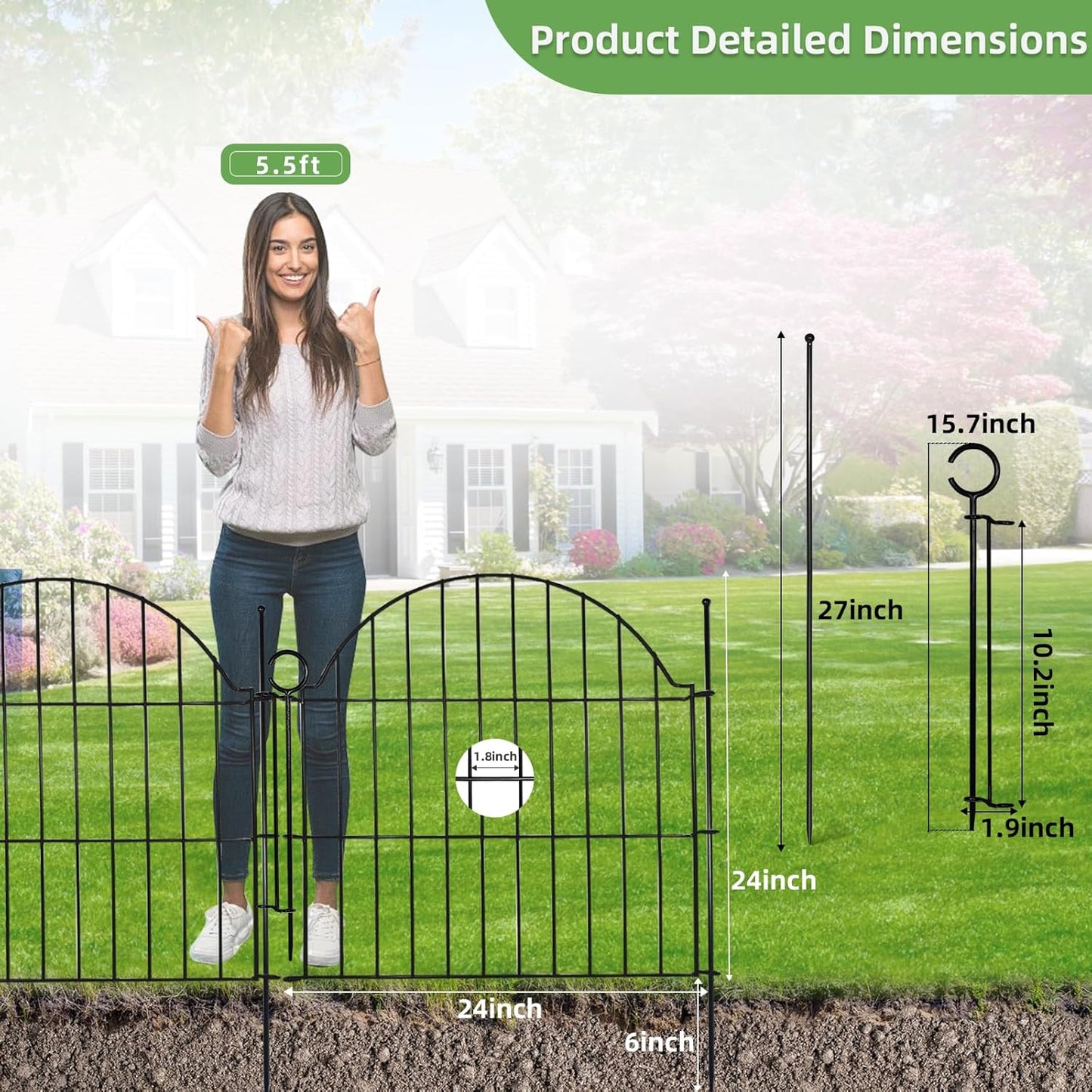 Decorative Metal Garden Fence with Gate Lock 10 Panels, 24in (H) x 20ft (L) No Dig Dog Fence Outdoor for Yard, Temporary Rustproof Metal Wire Rabbit Dog Garden Border Fencing for Patio