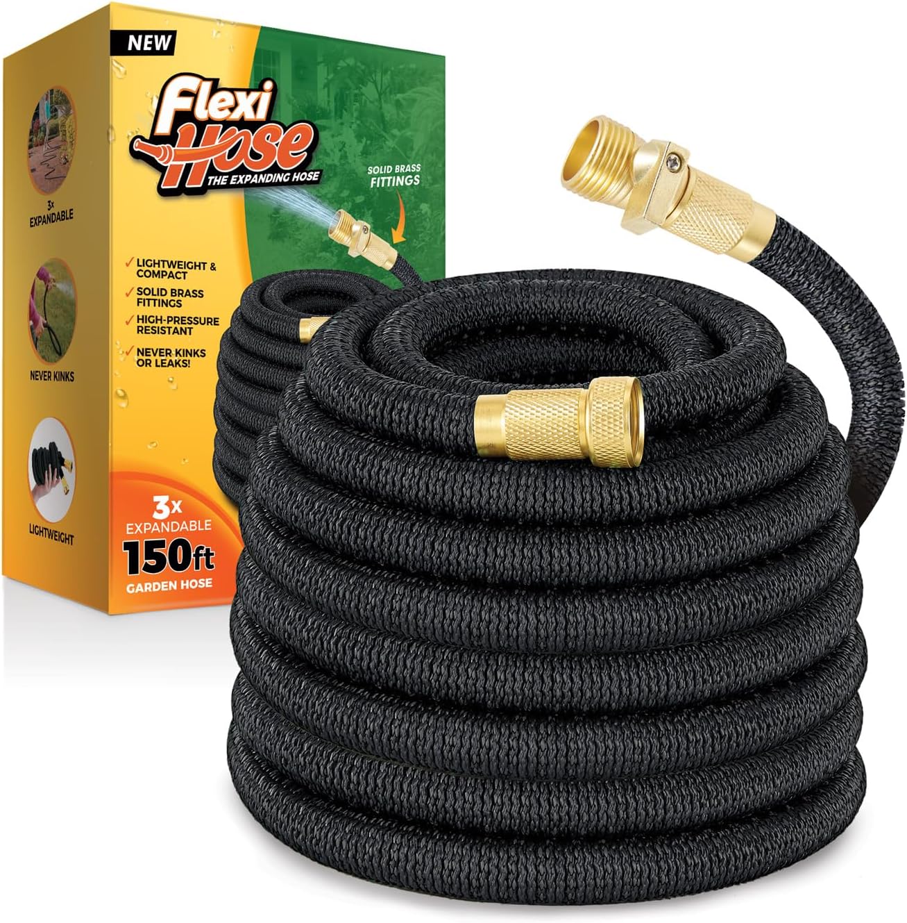 Flexi Hose Lightweight Expandable Garden Hose, No-Kink Flexibility, 3/4 Inch Solid Brass Fittings and Double Latex Core (150 FT, Black)