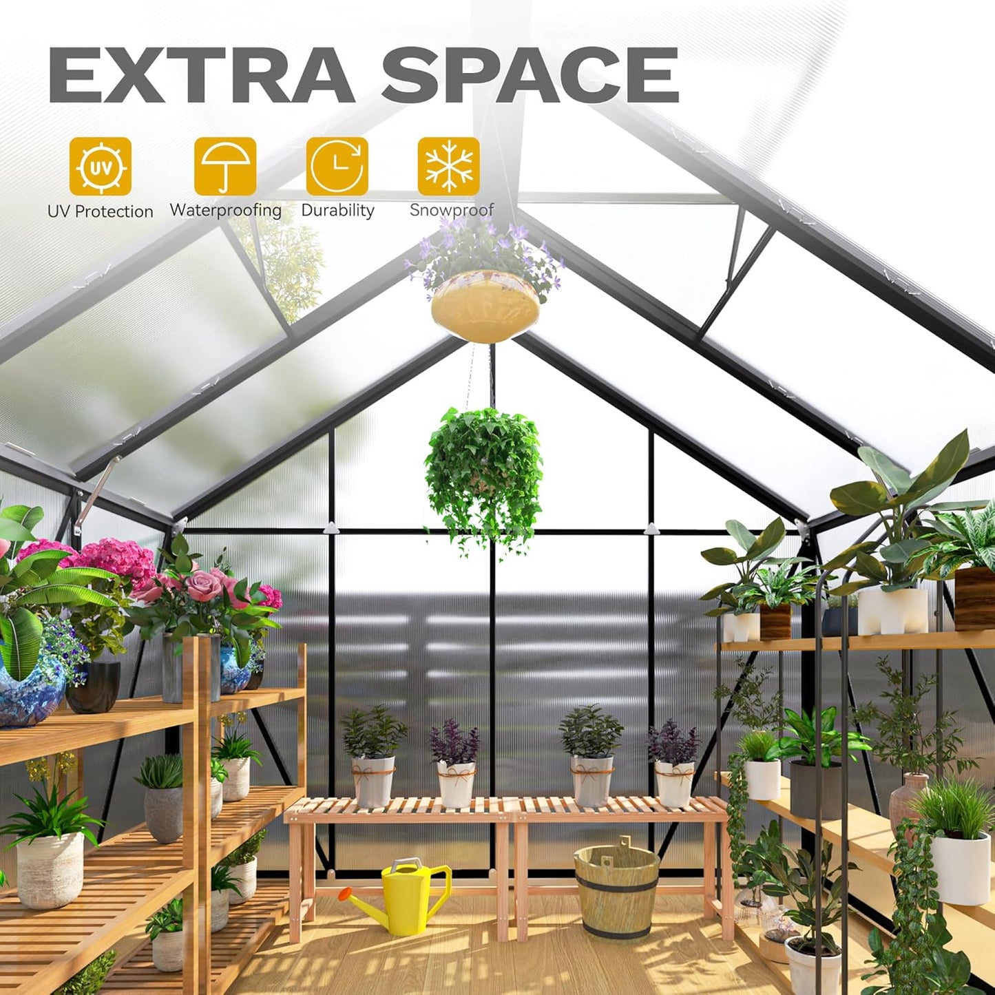 DWVO 8x12FT Polycarbonate Greenhouse for Outdoors, Large Heavy Duty Aluminum Greenhouses with Sliding Doors and Vent Window, Walk-in Greenhouse Large Sun House for Garden Backyard, Black