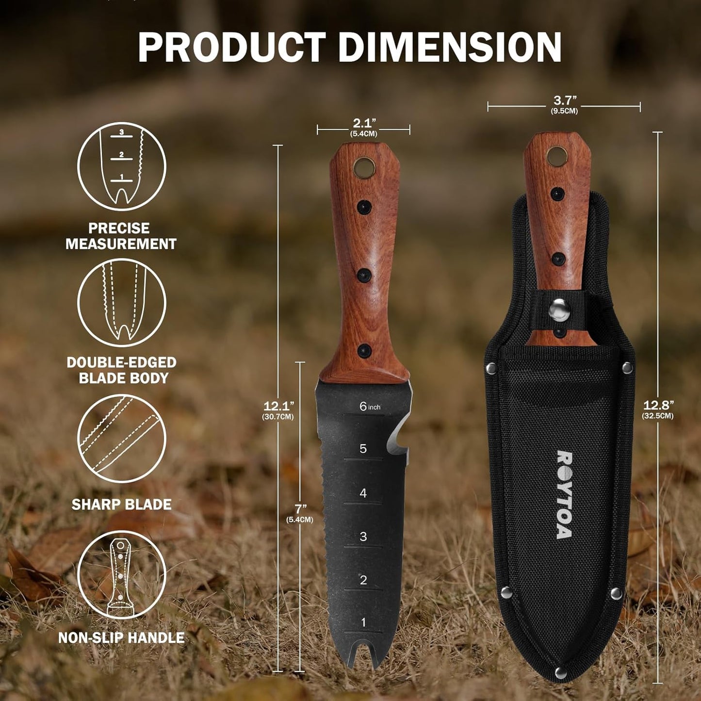 Hori Hori Garden Knife, Garden Tools with Sheath for Weeding,Planting,Digging, 7" Stainless Steel Blade with Cutting Edge, Rosewood Handle with Hanging Hole