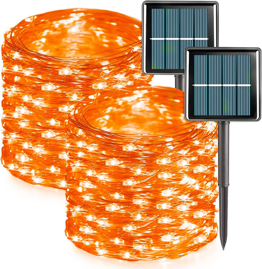 QITONG Orange Solar Halloween Lights Outdoor Waterproof, 2 Pack Each 66ft 200 LED String Lights, Silver Wire Orange Lights for Halloween with 8 Modes