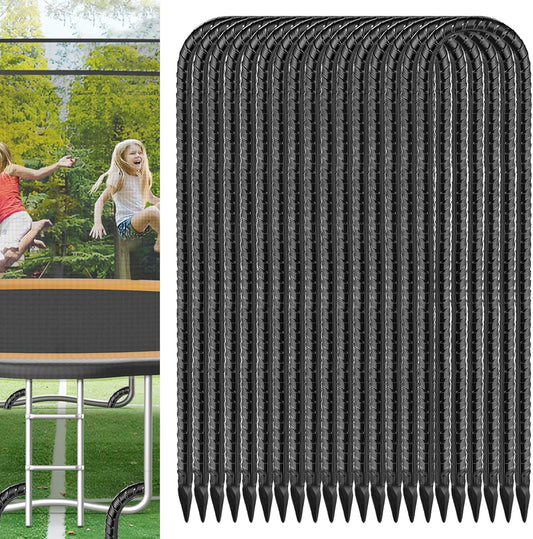 Black Trampoline Stakes Anchors High Wind 16inx10mm Galvanized U Hook 20pcs Rebar Stakes – Heavy Duty Ground Anchors for Trampoline,Yard & Inflatable,Landscape Metal Stakes for Outdoor Decorations