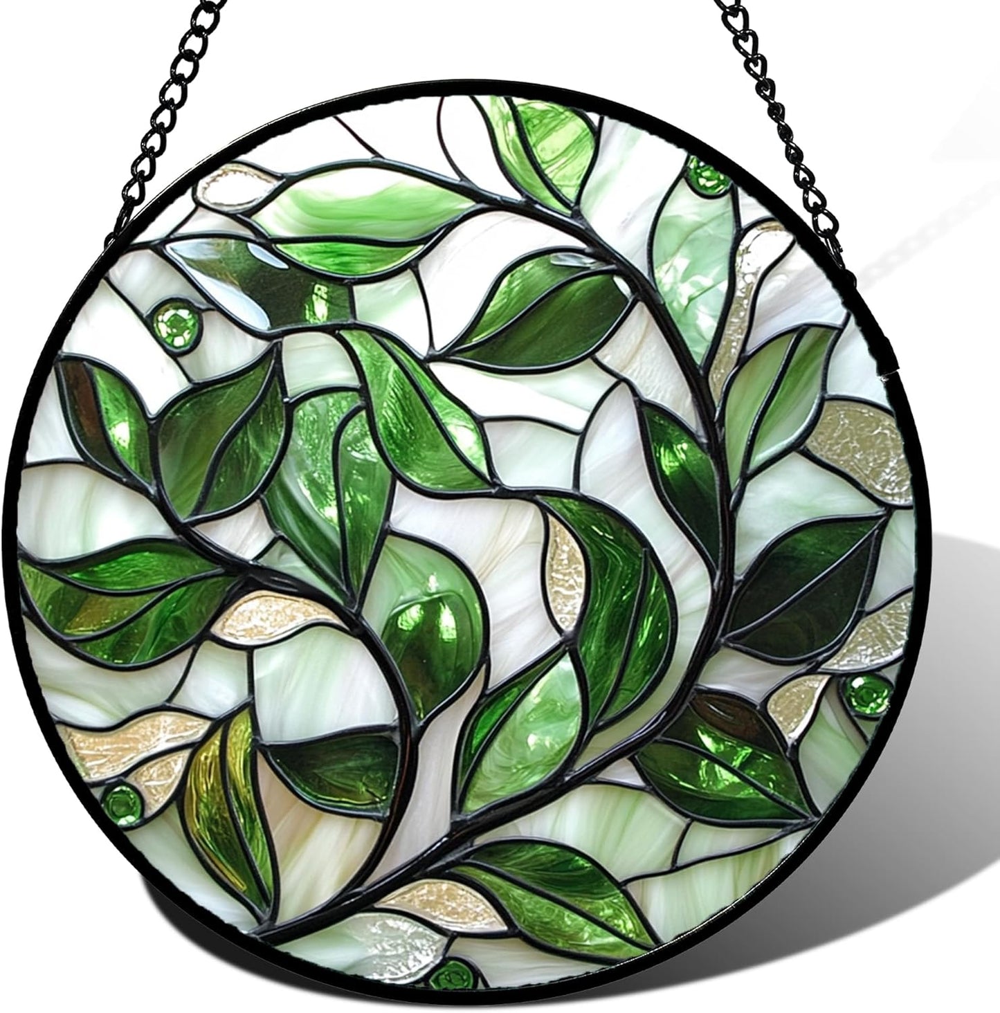 Stained Glass Window Hanging - White Green Leaves Suncatcher for Doors Window Home Plant Sun Catchers Decor Christmas Mother's Day Birthday Gifts for Teacher Women Men Mom Nana 7.8 in