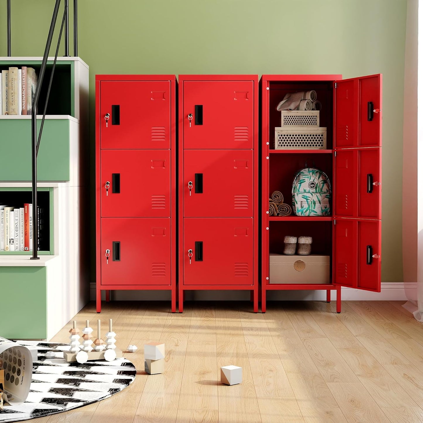 Metal Storage Locker with Ventilation Holes, Metal Storage Locker with Lock and Card Slot for School, Office, Home,47.3" H x 15.8" W x 15.8" D,Assembly Required,Red