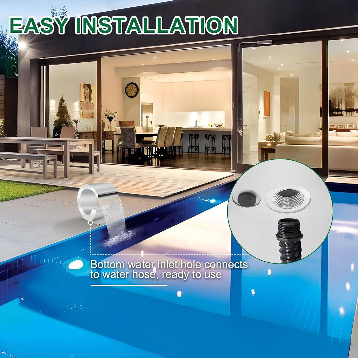 Pool Waterfall Fountain Stainless Steel Fountain 15.16'' x 15.16'' x 11.42'' Silver Pool Fountains for Ground Pools Garden Outdoor Waterfalls Sheer Descent Pond Water Feature