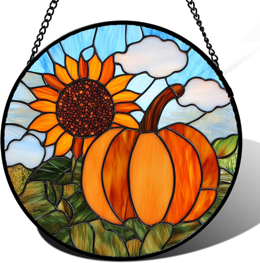 Stained Glass Window Hanging Fall Farm Scenery Sunflower Pumpkin Large 11.8" - Suncatcher Door Garden Kitchen Sunroom Sun Catcher Home Decor Birthday for Mom Grandma Men Woman