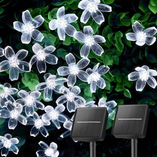 Brightown 2 Pack Total 52FT 120 LED Solar String Lights Flower Outdoor Waterproof Fairy Lights for Garden Yard Fence Patio Christmas Tree Wedding Party Decor, Pure White