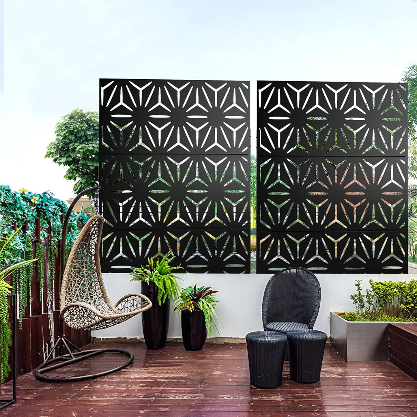 Metal Privacy Screen Outdoor 72" H×47" W, Freestanding Decorative Privacy Screen for Balcony Yard&Garden, Privacy Fence-Black&Star
