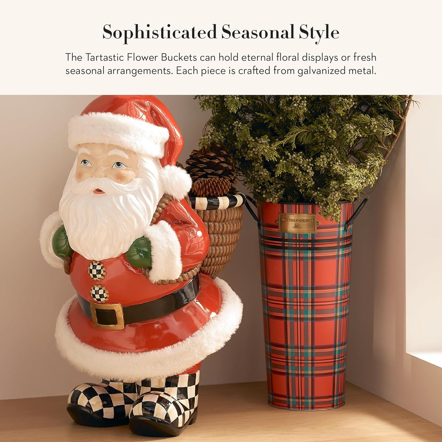 MACKENZIE-CHILDS Galvanized Flower Buckets, Decorative Metal Buckets, Tartastic, Set of 3